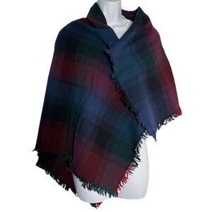 Classic Plaid Wrap Scarf Multicolored Blue Red Green Fringe Lightweight  80"x40"